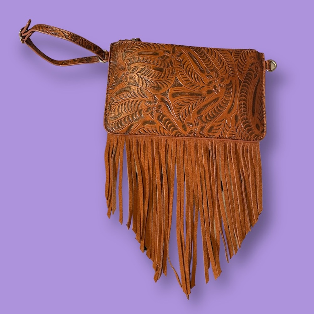 Free People Floral Leather Clutch with Fringe